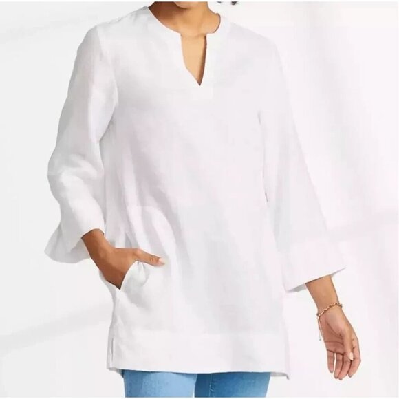 Lands' End Tops - NEW Lands' End Women's S White Linen/Viscose Tunic Top 3/4 Sleeve Split Neck